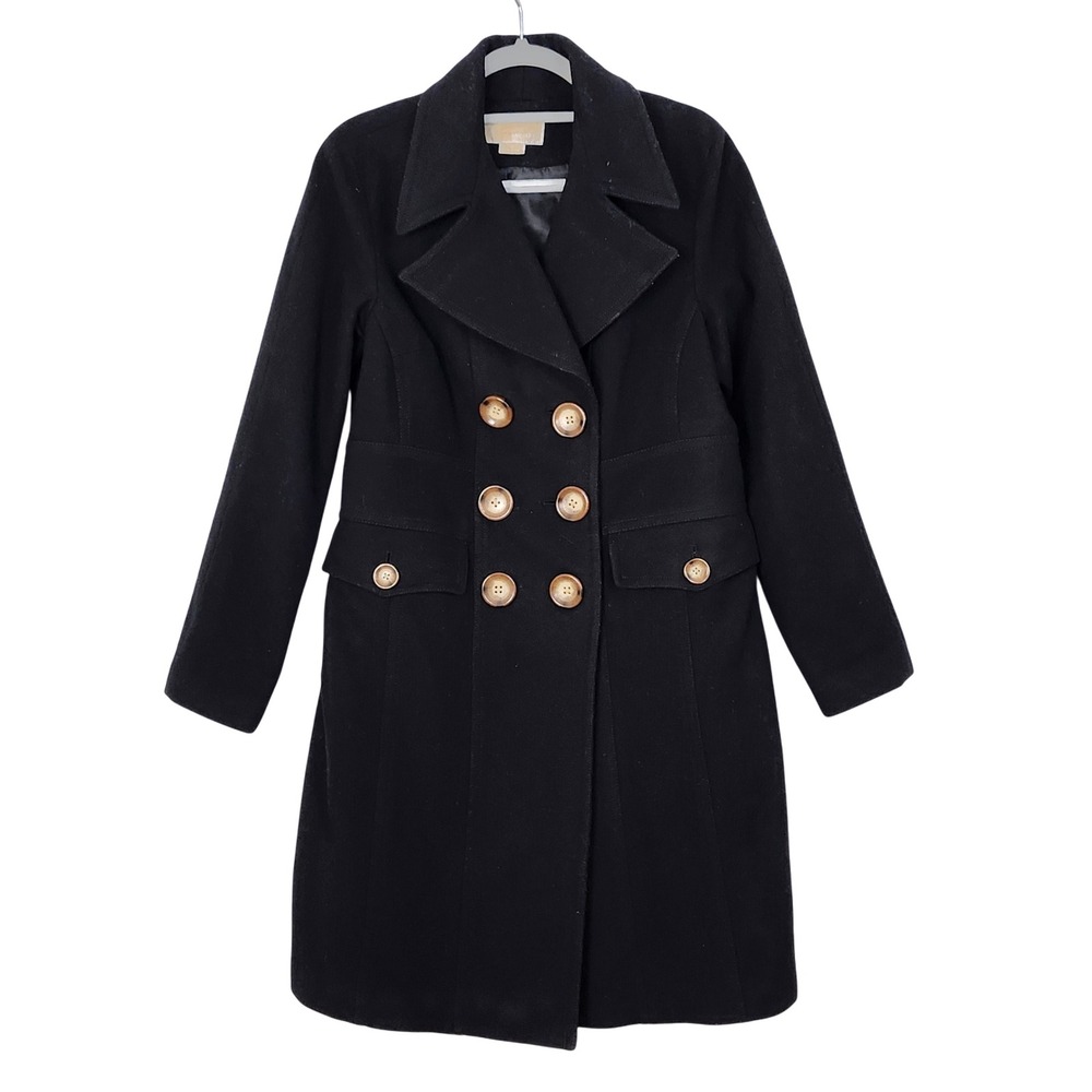 Michael Kors Double Breasted Wool Blend Mid-Length Pea Coat Womens Size 12 Black